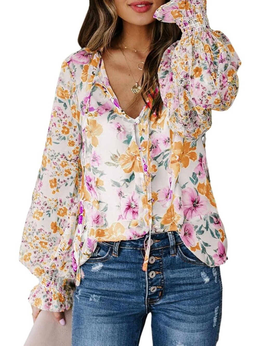 Boho Floral Print V-Neck Long Sleeve Drawstring Blouse - Casual Loose Top